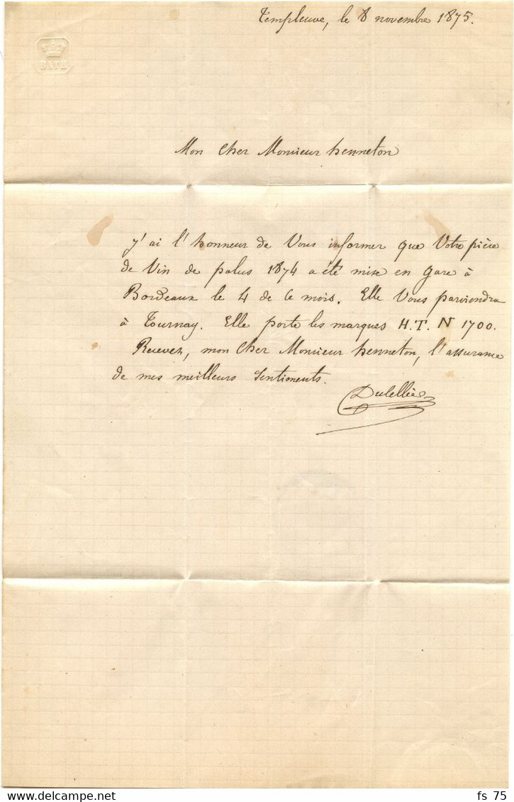 BELGIQUE - N°30 OBLITERE TAD LESSINES + BOITE RURALE V SUR LETTRE AVEC CORRESPONDANCE DE TEMPLEUVE , 1875 - 1869-1883 Leopold II.