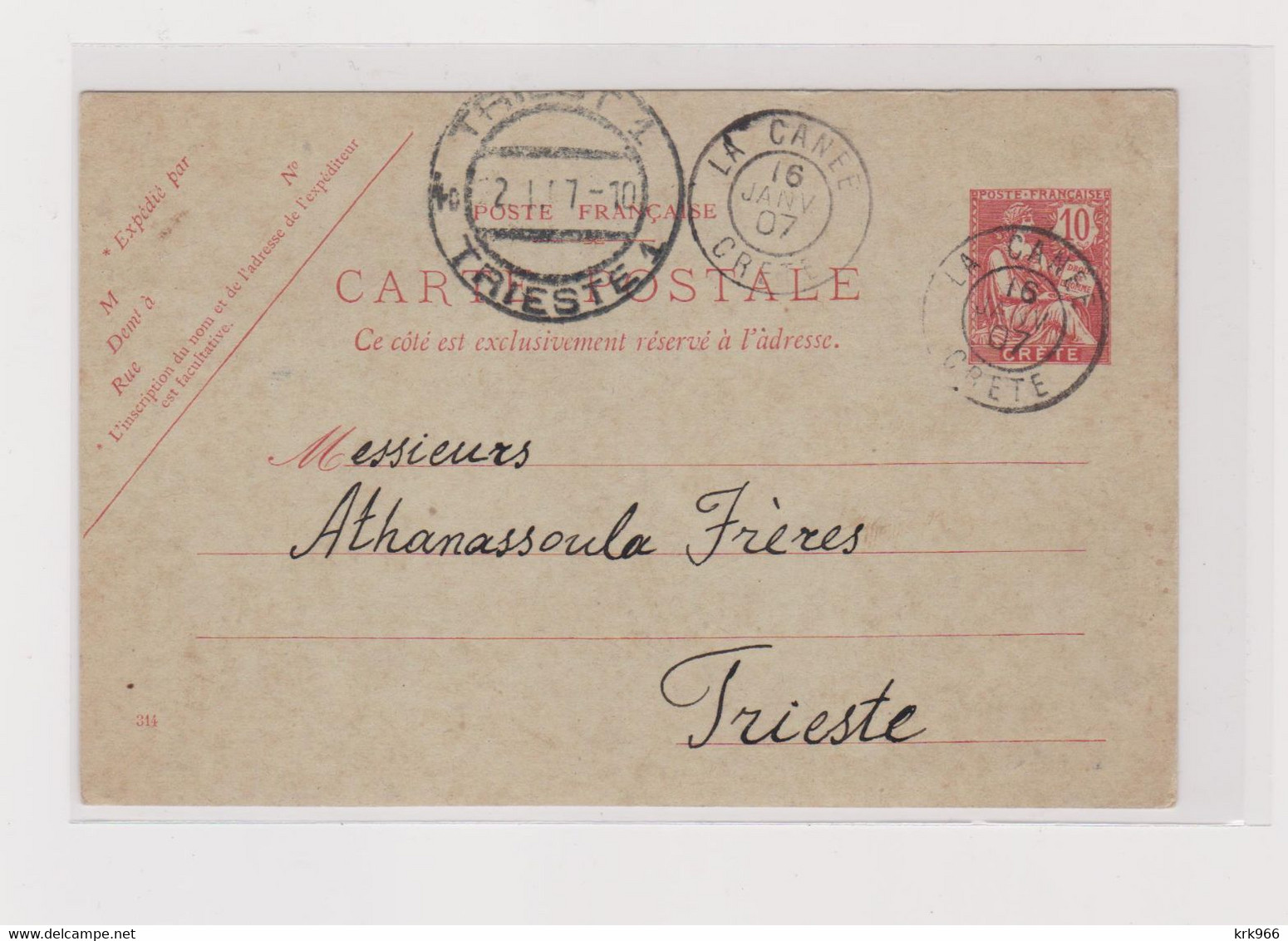 FRANCE 1907 LA CANEE CRETE Nice Postal Stationery To Trieste Austria Italy - Altri & Non Classificati