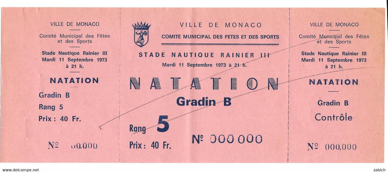 MONACO  BILLET ANNULE COMITE MUNICIPAL DES FETES NATATION  GRADIN B Du 11 9  1973 - Eintrittskarten