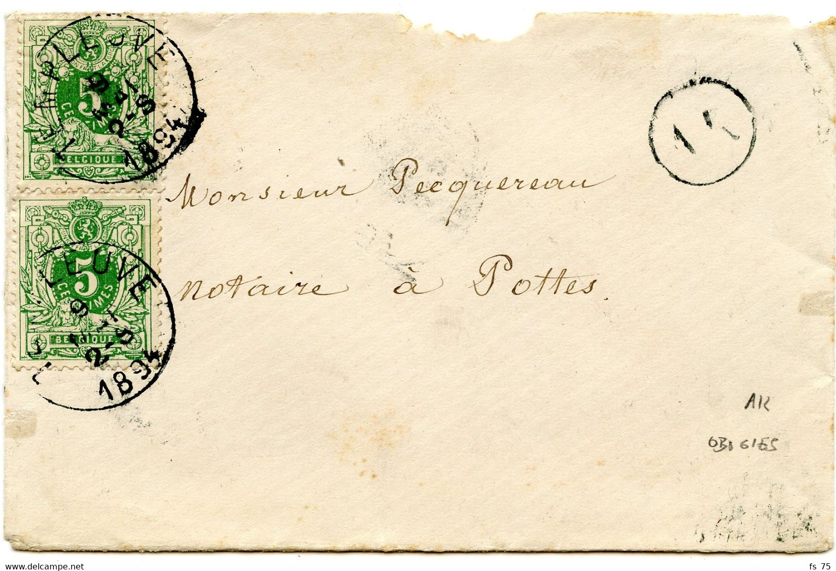 BELGIQUE - N°45X2 OBLITERES TAD TEMPLEUVE + BOITE RURALE AK SUR LETTRE AVEC CORRESPONDANCE D'OBIGIES, 1894 - 1869-1883 Leopoldo II