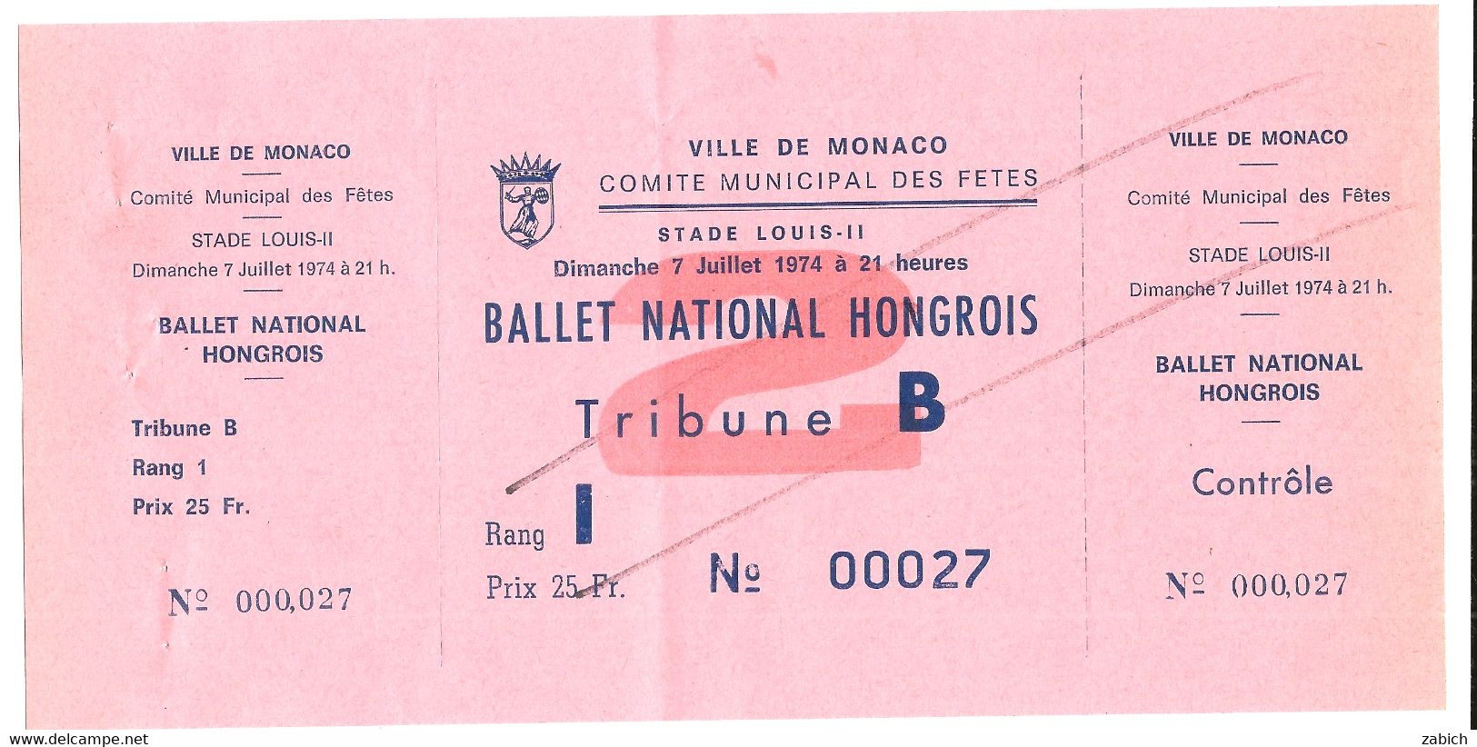 MONACO  BILLET ANNULE COMITE MUNICIPAL DES FETES BALLET NATIONAL HONGROIS  STADE LOUIS II Du 14 4 1974 - Toegangskaarten