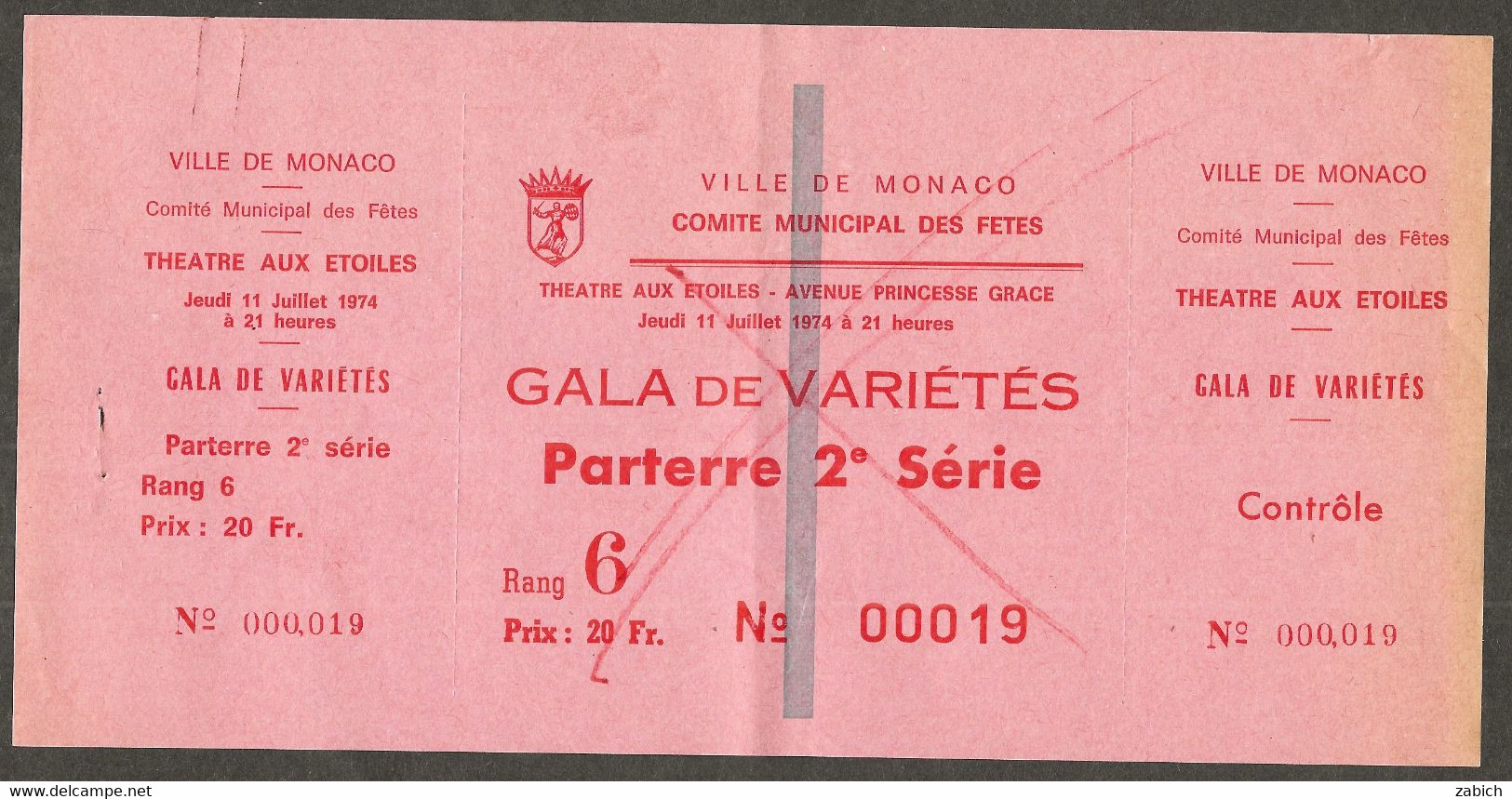 MONACO  BILLET ANNULE COMITE MUNICIPAL DES FETES GALA DE VARIETES THEATRE AUX ETOILES Du 11 7 1974 - Tickets D'entrée