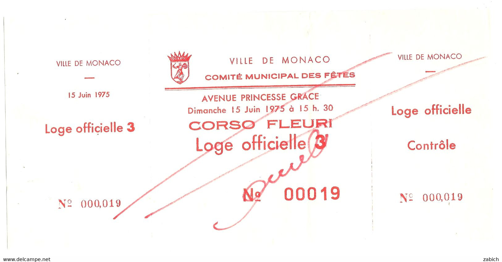 MONACO  BILLET ANNULE CORSO FLEURI  COMITE MUNICIPAL DES FETES  LOGE OFFICIELLE Du 15 60 1975 - Tickets D'entrée