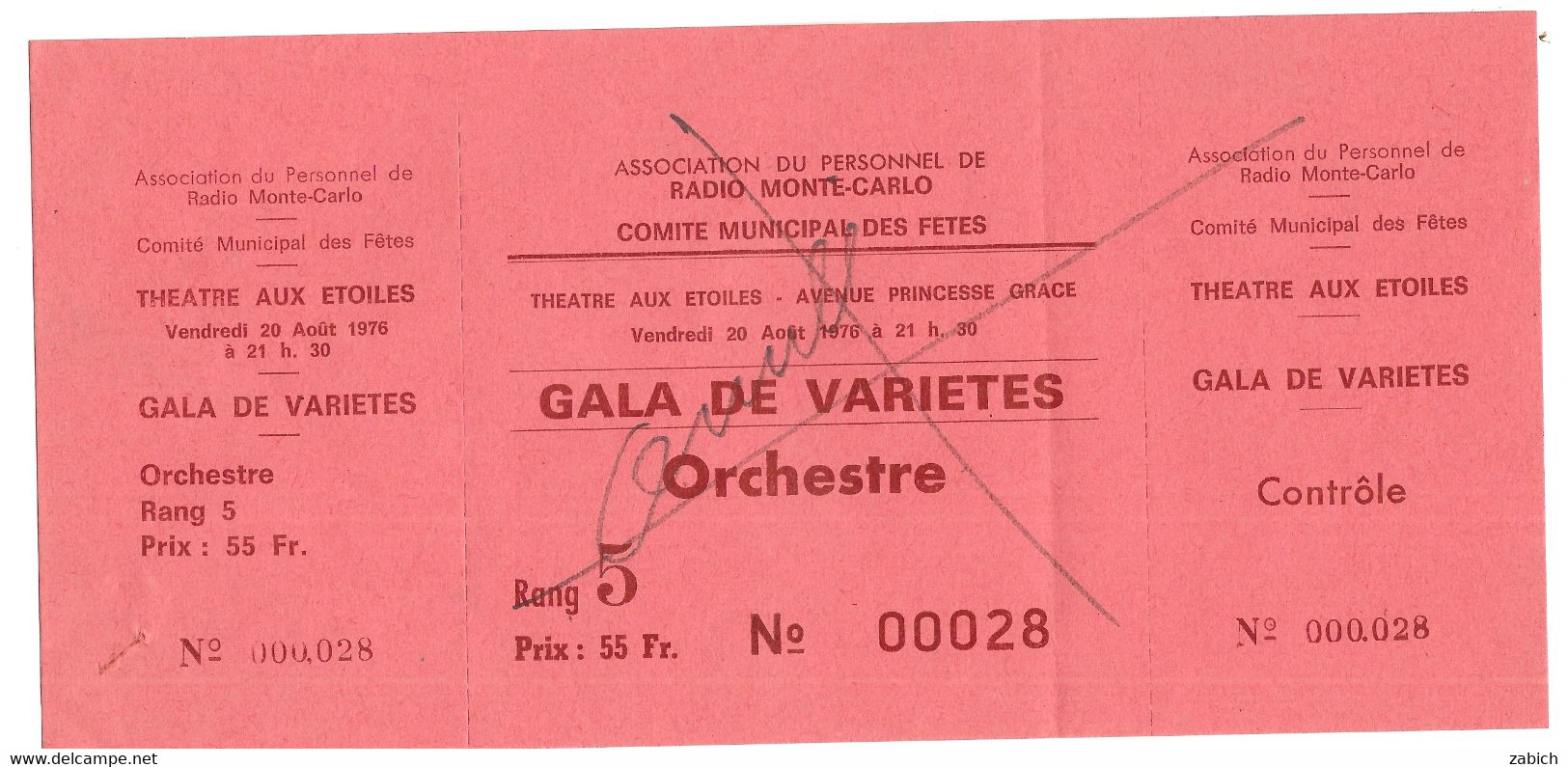 MONACO  BILLET ANNULE GALA DE VARIETES COMITE MUNICIPAL DES FETES  ORCHESTRE Du 20 8  1976 - Eintrittskarten
