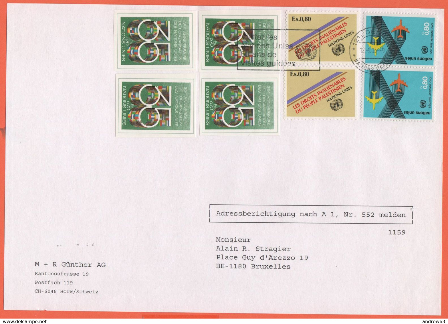ONU - NAZIONI UNITE - UNITED NATIONS - NATIONS UNIES - 2003 - 8 Stamps - Big Fragment -Viaggiata Da Genève Per Bruxelles - Cartas & Documentos