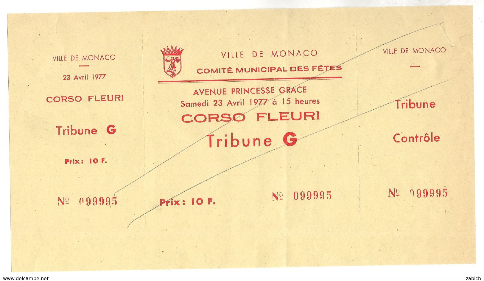 MONACO  BILLET ANNULE CORSO FLEURI COMITE MUNICIPAL DES FETES  TRIBUNE G  Du 23 4 1977 - Eintrittskarten
