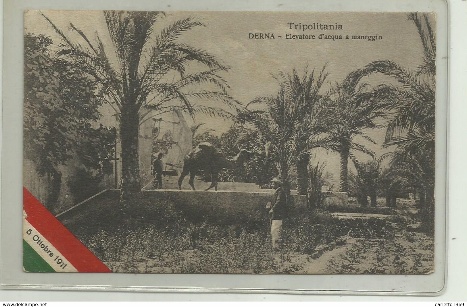 TRIPOLITANIA - DERNA - ELEVATORE D'ACQUA A MANEGGIO + FRANCOBOLLO SOVRASTAMPATO LIBIA 1913 - Libye