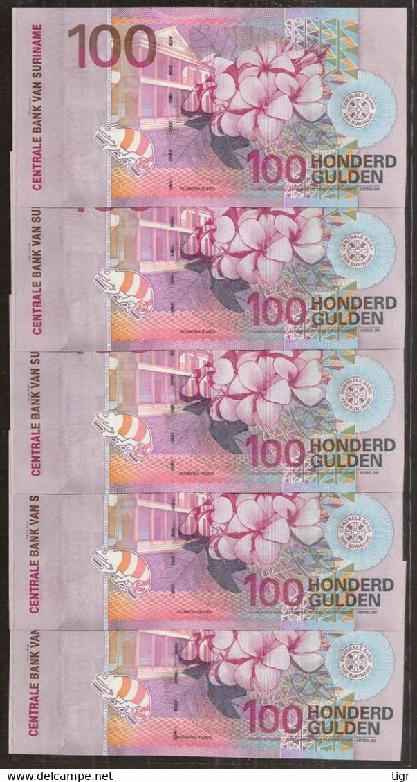 SURINAME. 5 Pieces X 100 Gulden 2000. UNC. Consecutive Serial Nº. Pick 149. See Description. - Surinam