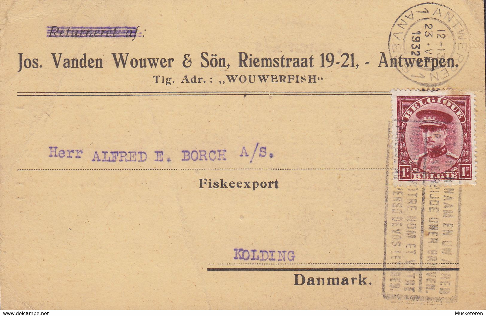 Belgium JOS. VANDEN WOUWER Fishsalesmen ANTWERPEN 1932 Card Carte Fiskeexport KOLDING Denmark Big Montenez - 1929-1941 Gran Montenez