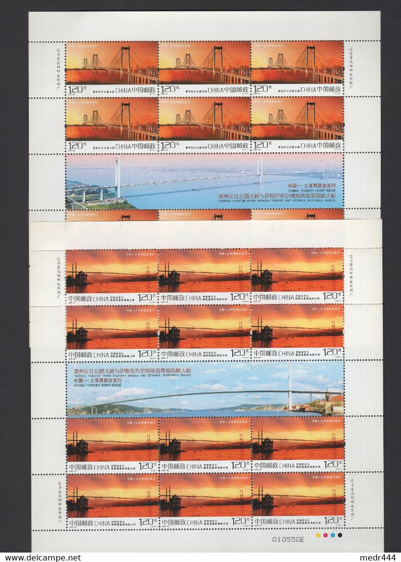 Turkey/Turquie 2012 - Joint Issue China/Turkey -Taizhou River Highway Bridge & Istanbul Bosporus Bridge  - 2 Full Sheets - Briefe U. Dokumente