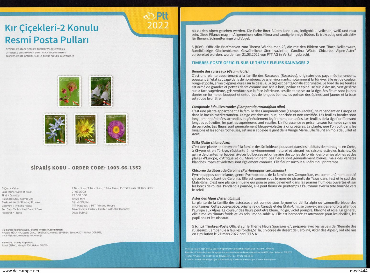 Turkey/Turquie 2022 - Wild Flowers - Official Stamps - Pair Of Stamps 5v - Complete Set - + Flyer - MNH*** - Superb*** - Briefe U. Dokumente