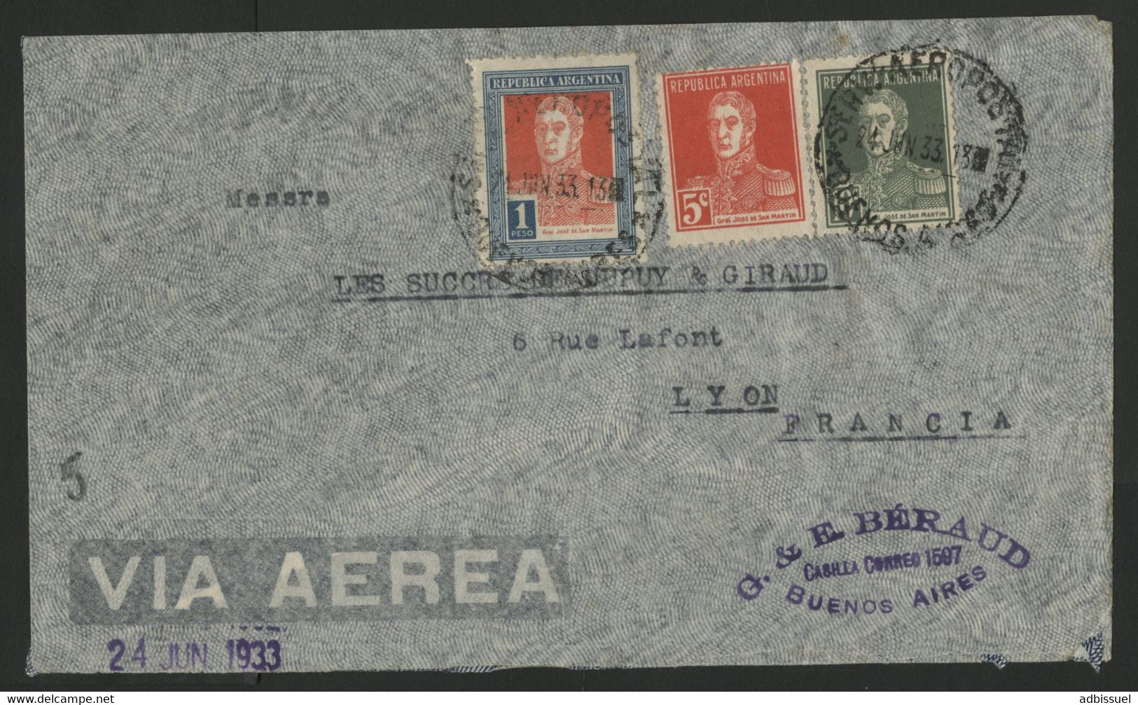 ARGENTINE Enveloppe Par Avion En 1933 Pour Lyon Via L'AEROPOSTALE (voir Description) - Covers & Documents