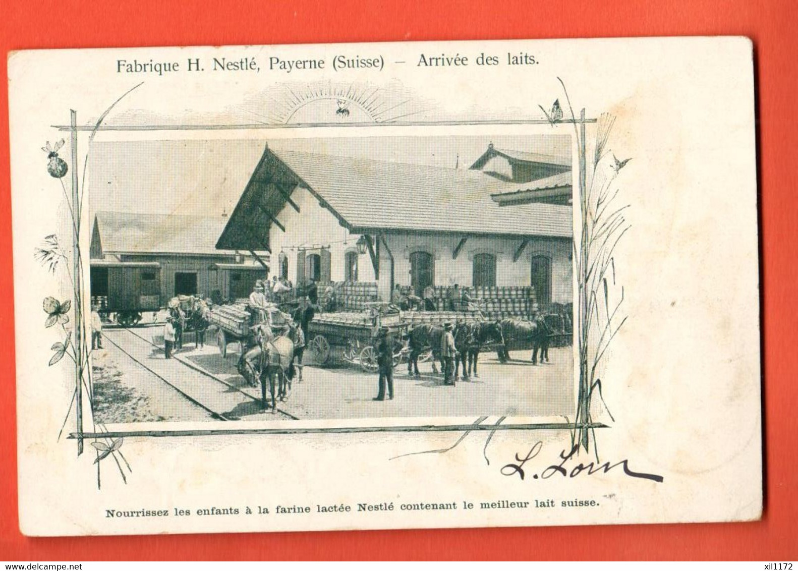 ZPT-14 RARE Litho Fabrique Nestlé à Payerne, Arrivée Des Laits Ttelages ANIME.Tampon Visite Fabrique 25.9.1900 Circ.1900 - Payerne