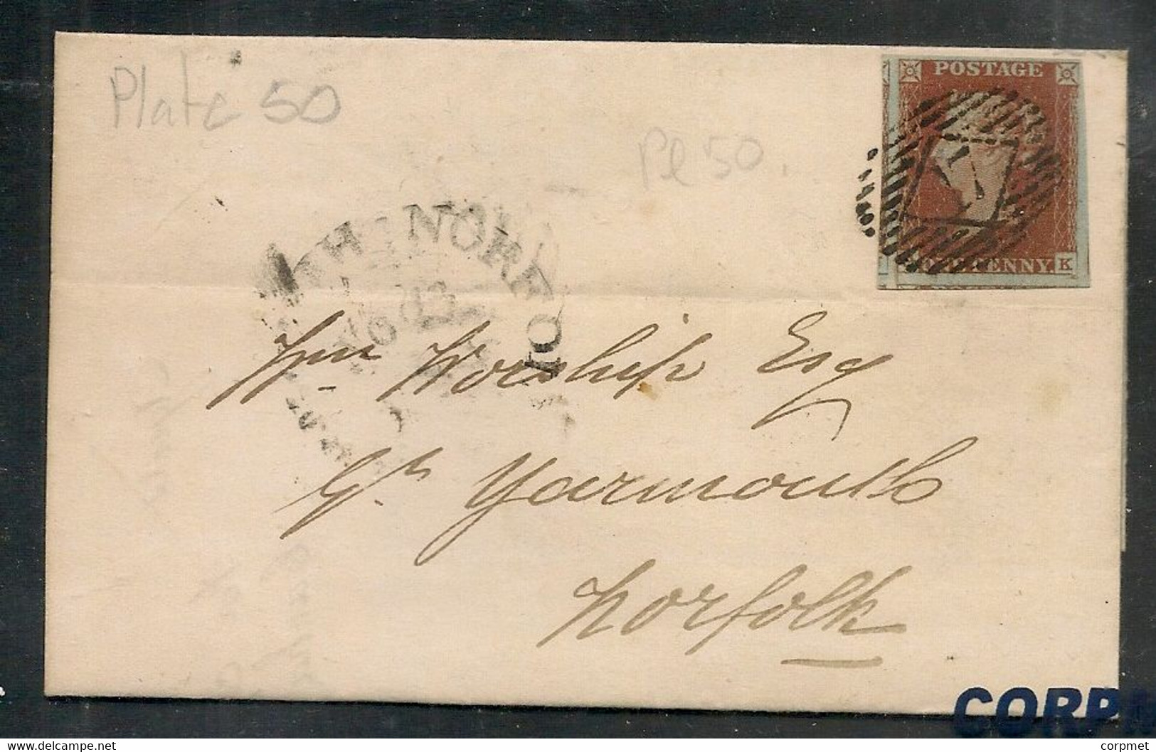 UK -1844 1d VERY BLUE PAPER - Plate 60 From ILFORD To NORFOLK Horizontal Oval # 17 In Diamond - PART OF ADJOINING STAMP - Brieven En Documenten