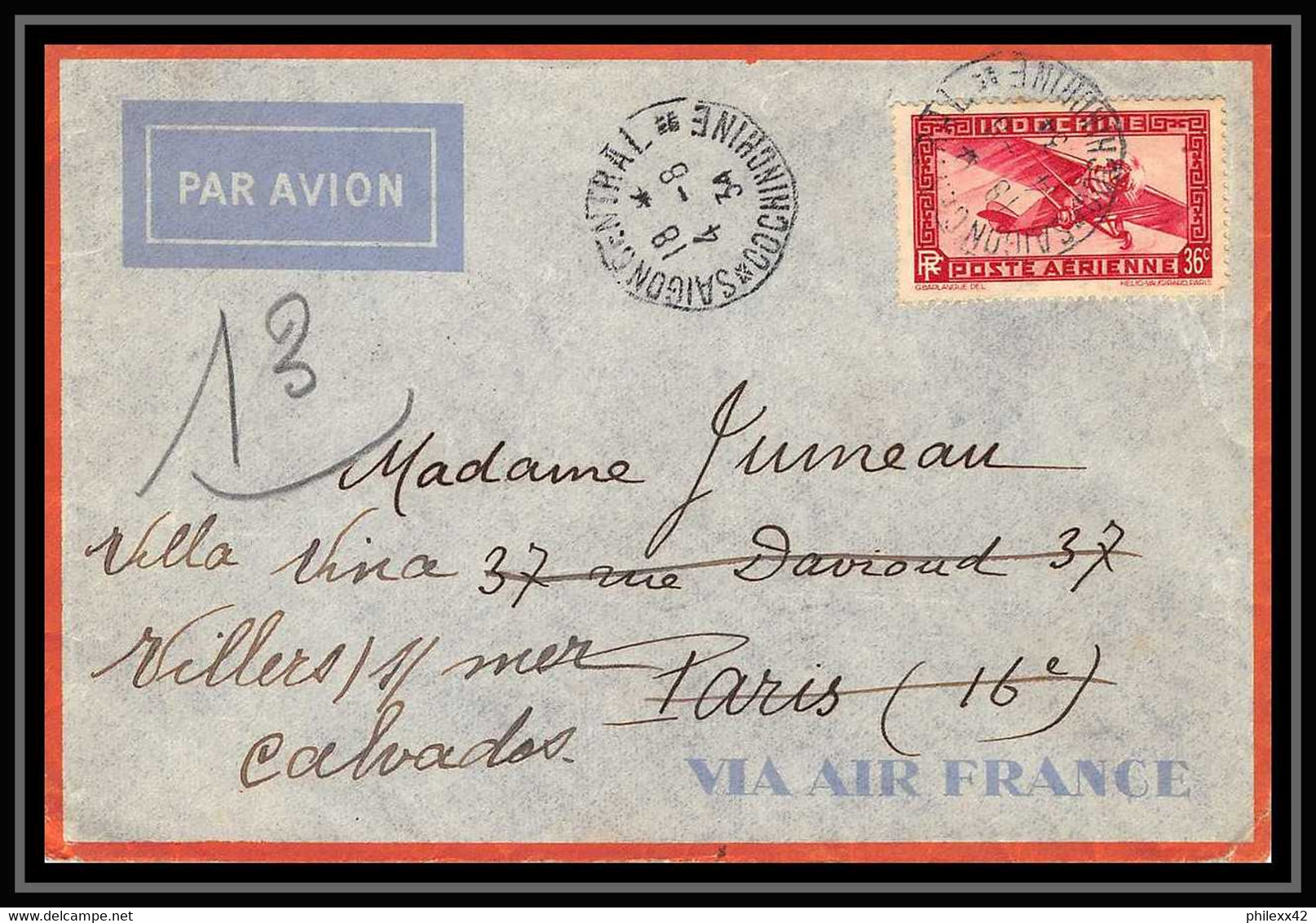 41588 Saigon Viet Nam Pour Villers-sur-Mer Calvados 1934 Aviation PA Poste Aérienne Airmail Lettre Cover - Posta Aerea