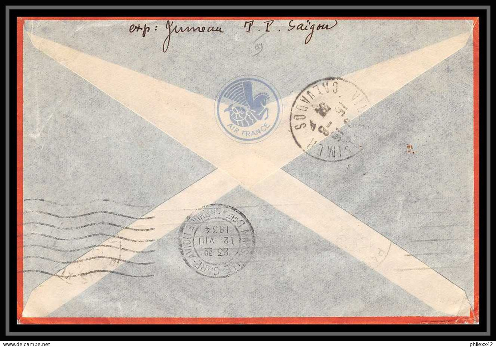 41588 Saigon Viet Nam Pour Villers-sur-Mer Calvados 1934 Aviation PA Poste Aérienne Airmail Lettre Cover - Posta Aerea