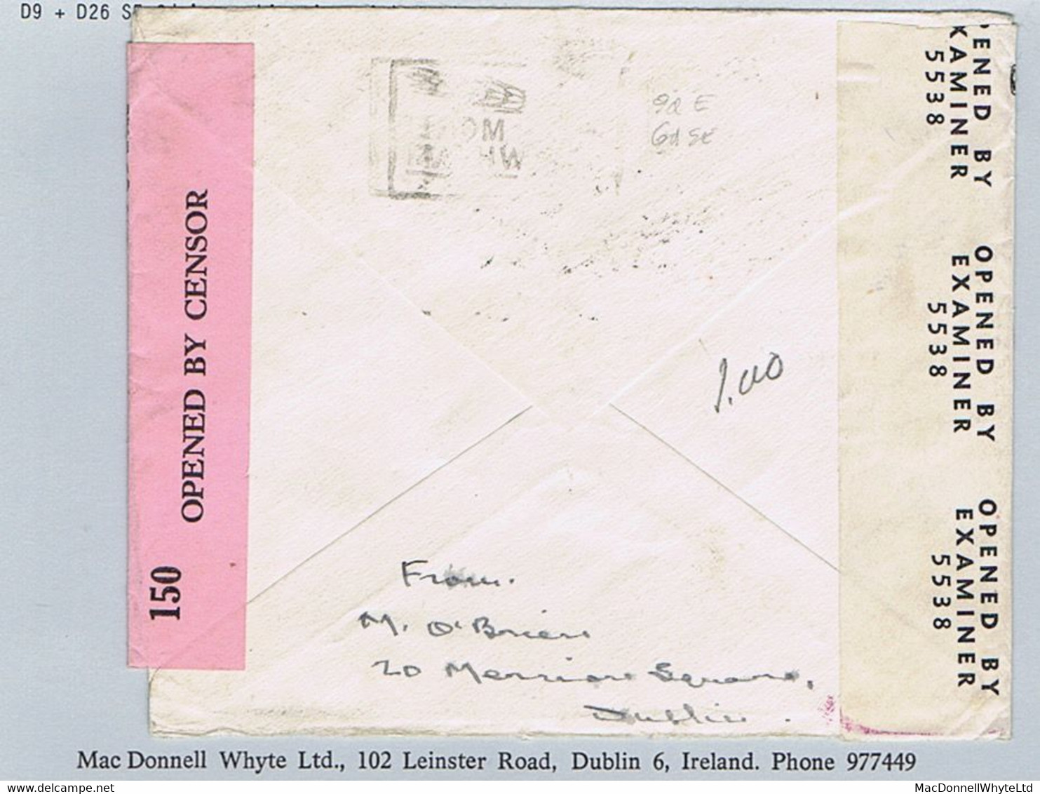 Ireland Censor 1923 Watermark SE 6d Plus Watermark E 9d Together On Censor Cover To USA Dublin Machine 29 NOV 1941 - Covers & Documents