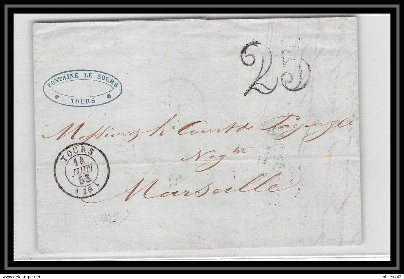 1274 Indre-et-Loire Marque Postale TOURS Pour Marseille Bouches-du-Rhône 14/6/1853 Convoyeur LAC Lettre Cover France - 1801-1848: Vorläufer XIX