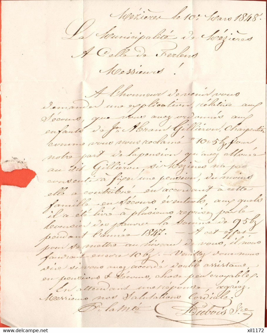 ZPT-38 Pré-philatélie Enveloppe Cachet Mezières 10 Mars 1848 Pour Ferlens Jorat-Mézières - 1843-1852 Kantonalmarken Und Bundesmarken