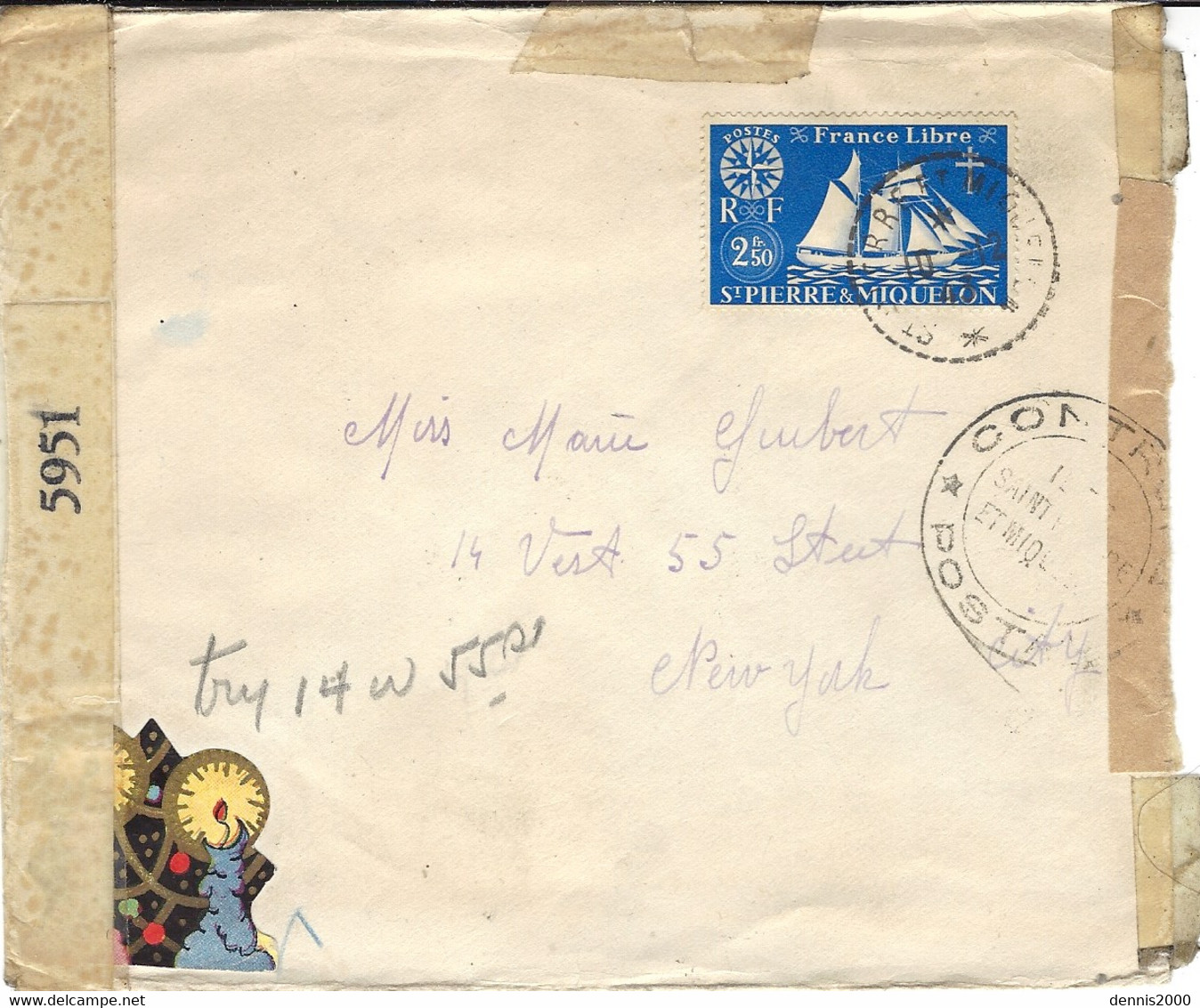 1943- Enveloppe  Affr. 2,50 F    Pour Les U S A   Censure Américaine  D B / 106 + Censure De St Pierre Et Miquelon - Storia Postale