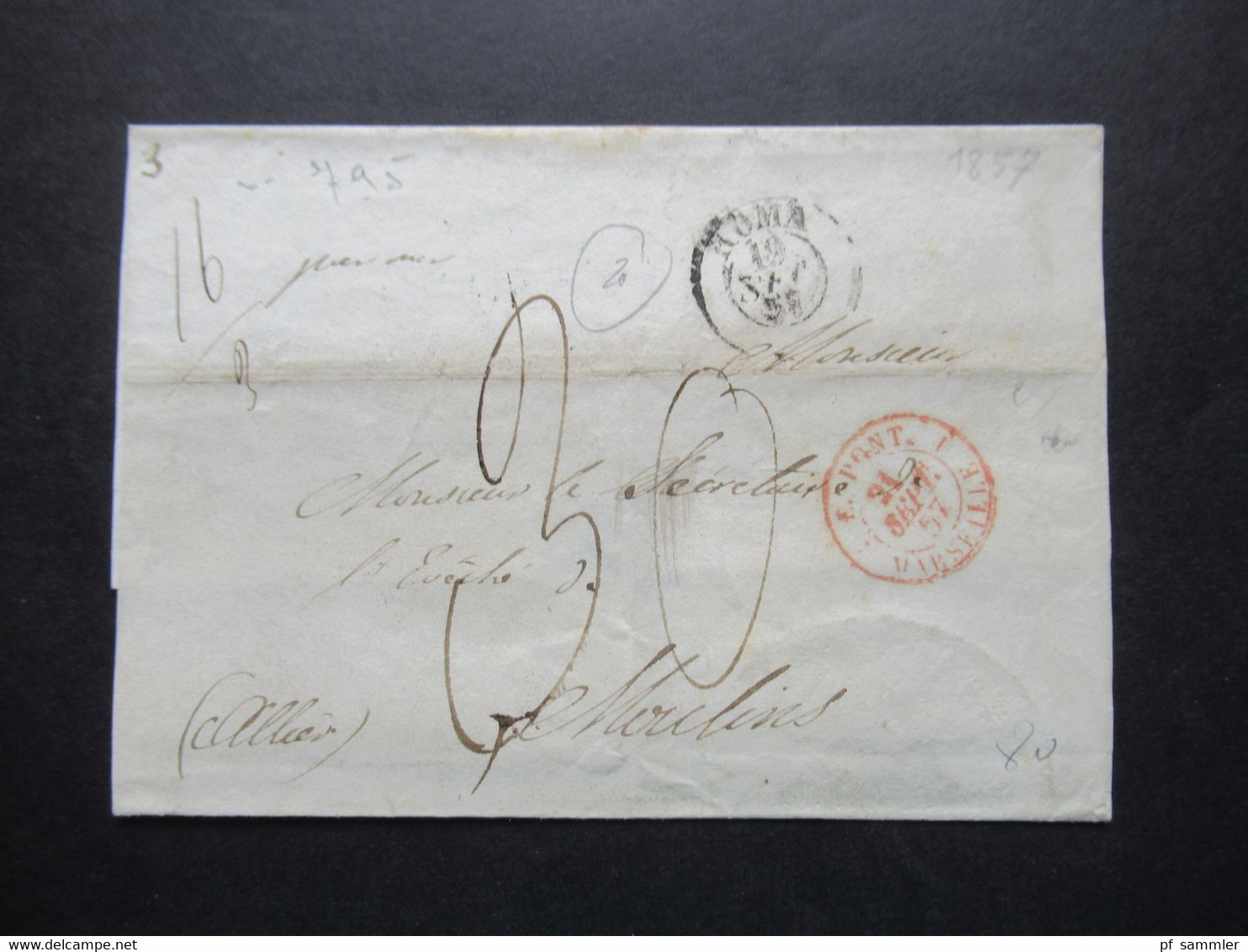Italien 1857 Briefhülle Ohne Inhalt Von Roma - Moulins Roter Stempel E. Pont. 1 Marseille Rückseitig 4 Stempel!! - Kirchenstaaten