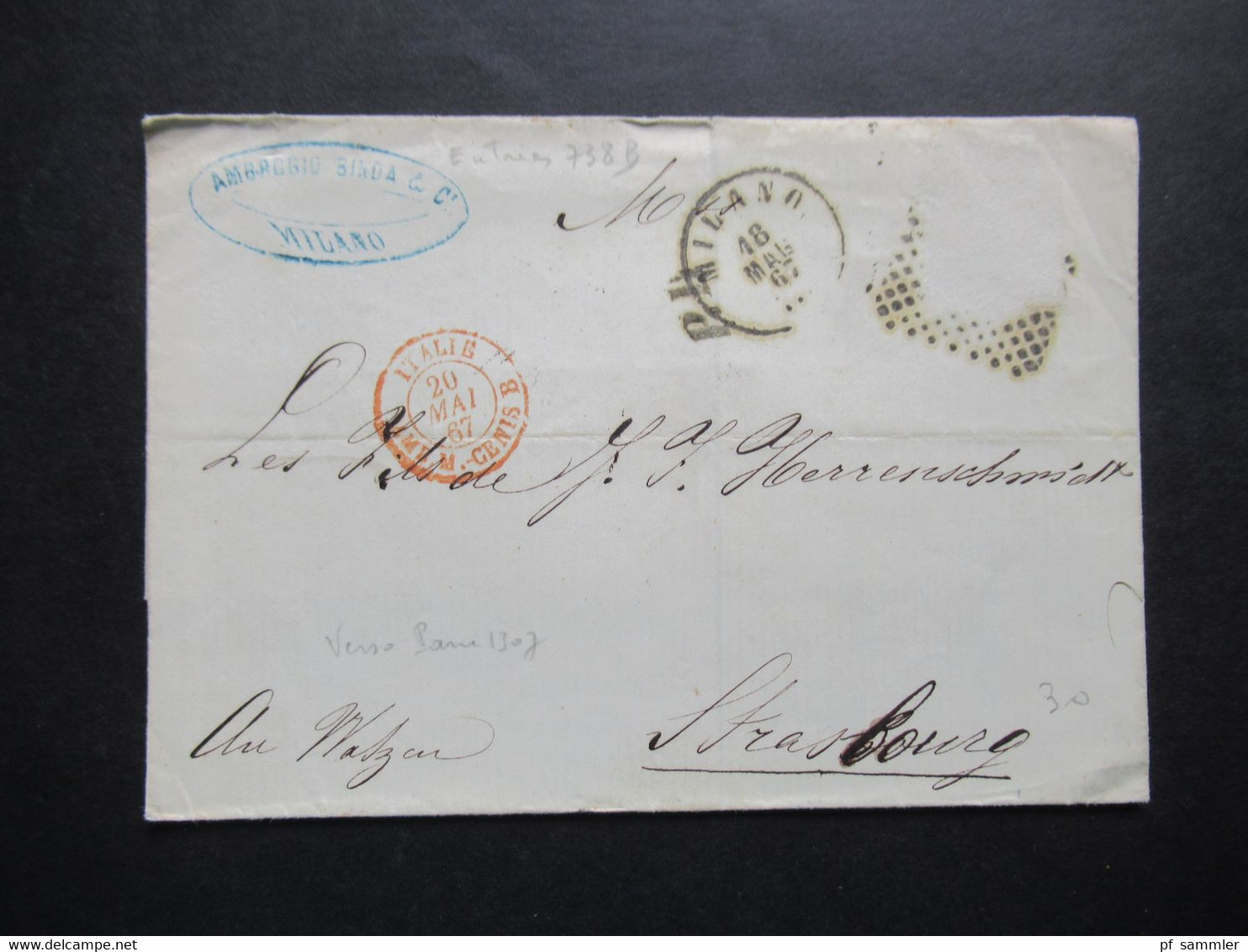 Italien 1867 Faltbrief Ohne Inhalt Von Milano - Strasbourg Elsass Roter Italie AMB M.- Cenis B Rückseitig 5 Stempel!! - Poststempel