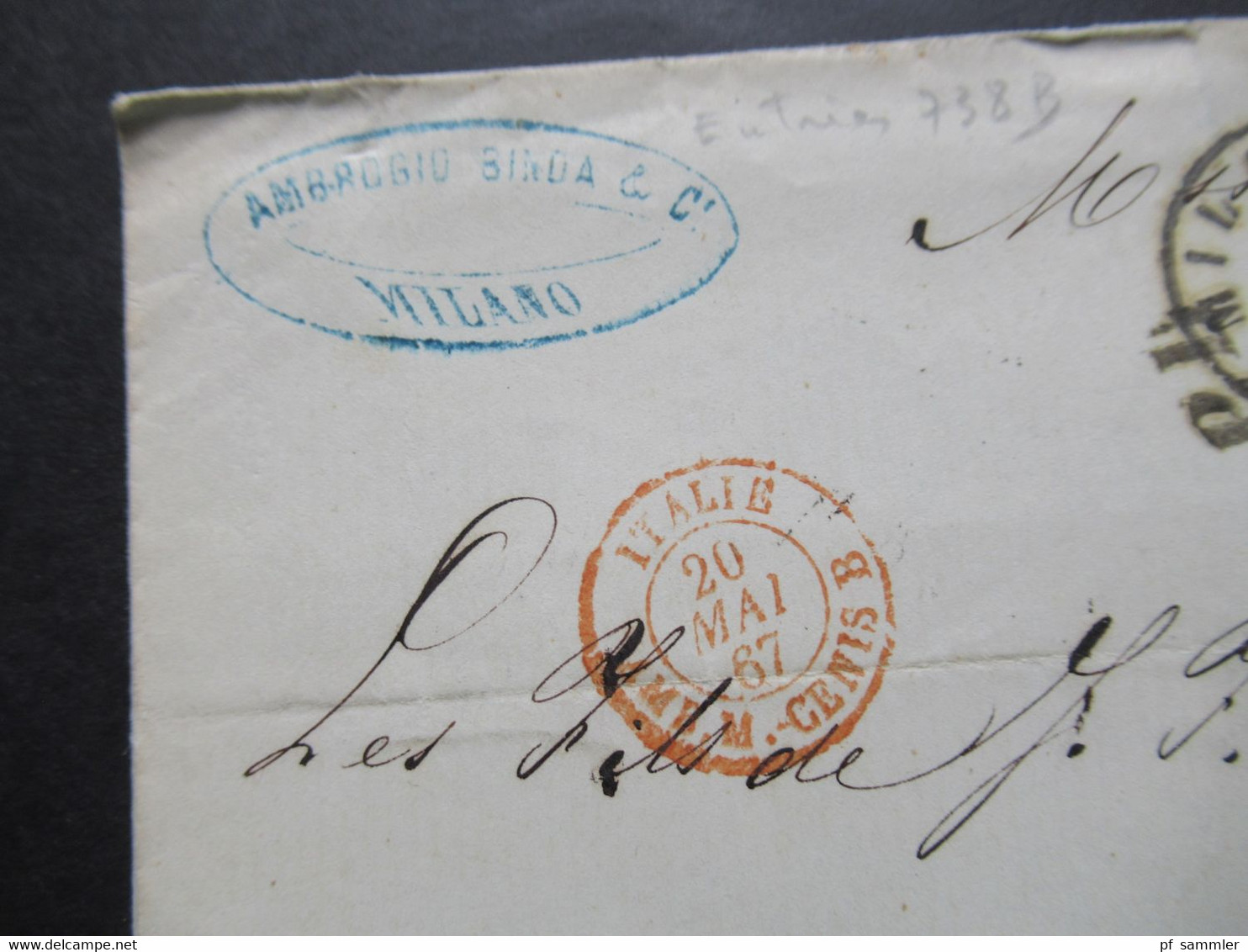 Italien 1867 Faltbrief Ohne Inhalt Von Milano - Strasbourg Elsass Roter Italie AMB M.- Cenis B Rückseitig 5 Stempel!! - Poststempel