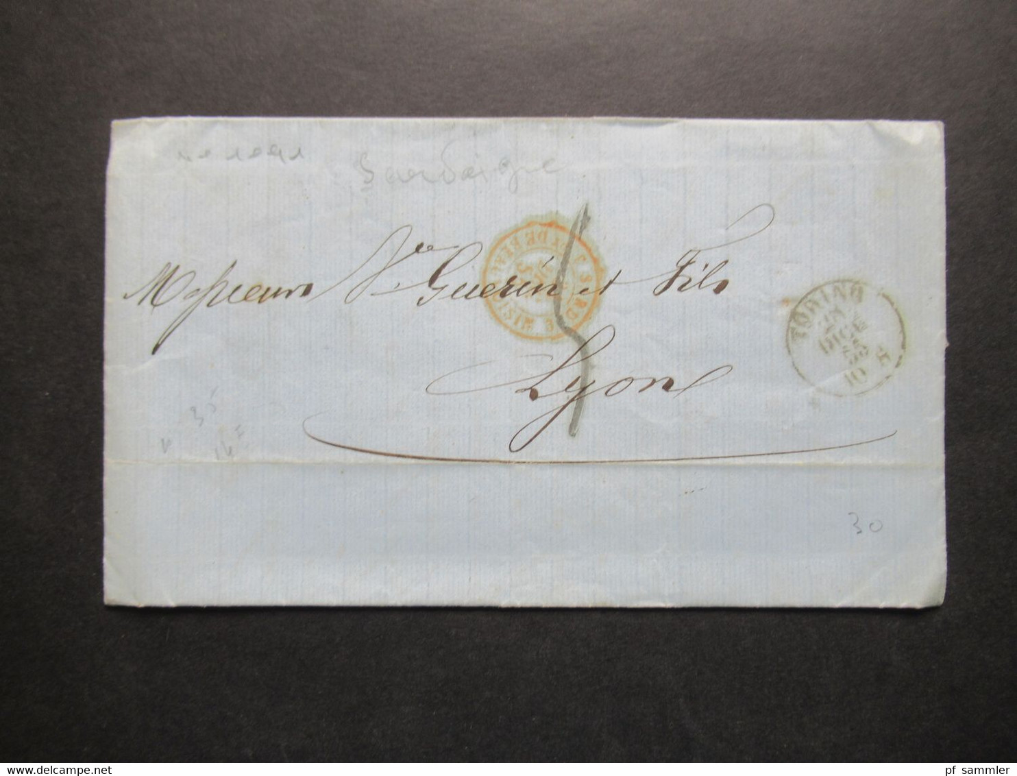 Italien 28.12.1855 Faltbrief Mit Inhalt Von Torino - Lyon Roter Stempel Sard 3 P. De Beauvoisin - Sardinië