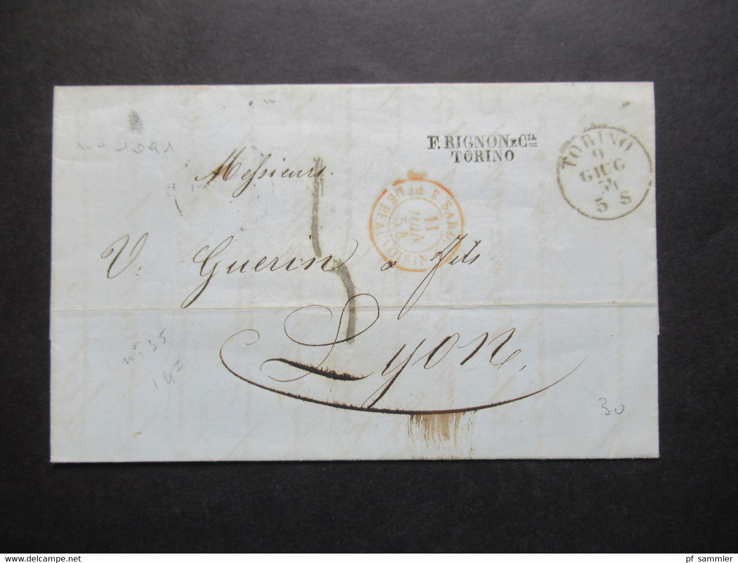 Italien 1854 Faltbrief Mit Inhalt Von Torino - Lyon Roter Stempel Sard 3 P. De Beauvoisin Abs. Stempel L2 F. Rignon E Ci - Sardinia