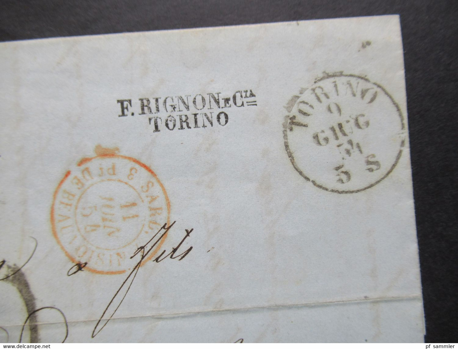 Italien 1854 Faltbrief Mit Inhalt Von Torino - Lyon Roter Stempel Sard 3 P. De Beauvoisin Abs. Stempel L2 F. Rignon E Ci - Sardaigne