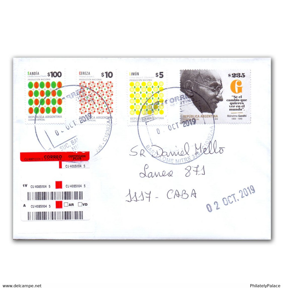 Argentina 2019 – Mahatma Gandhi Argentina 150th Birth Anniv Commercial Used Registered Cover   (**) - Brieven En Documenten