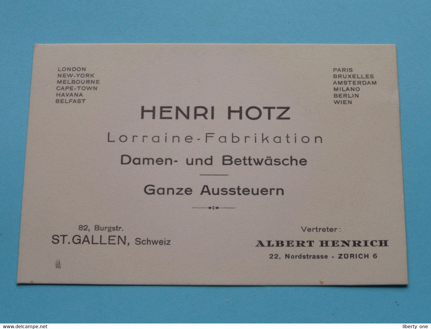 HENRI HOTZ Lorraine-Fabrikation ST. GALLEN, Schweiz (Vertreter > Albert Henrich Zürich) > Sehen / See / Voir >> Scans ! - Cartes De Visite