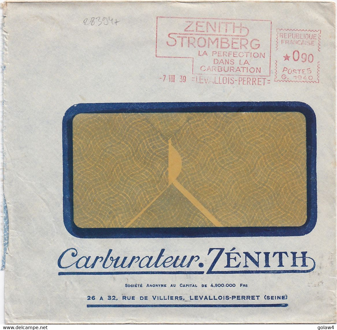 28394# AFFRANCHISSEMENT MECANIQUE ZENITH STROMBERG CARBURATEUR LETTRE 1939 LEVALLOIS PERRET SEINE STRASBOURG EMA - Freistempel