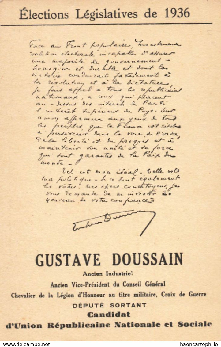 Elections Legislatives De 1936  Gustave Doussain - Political Parties & Elections