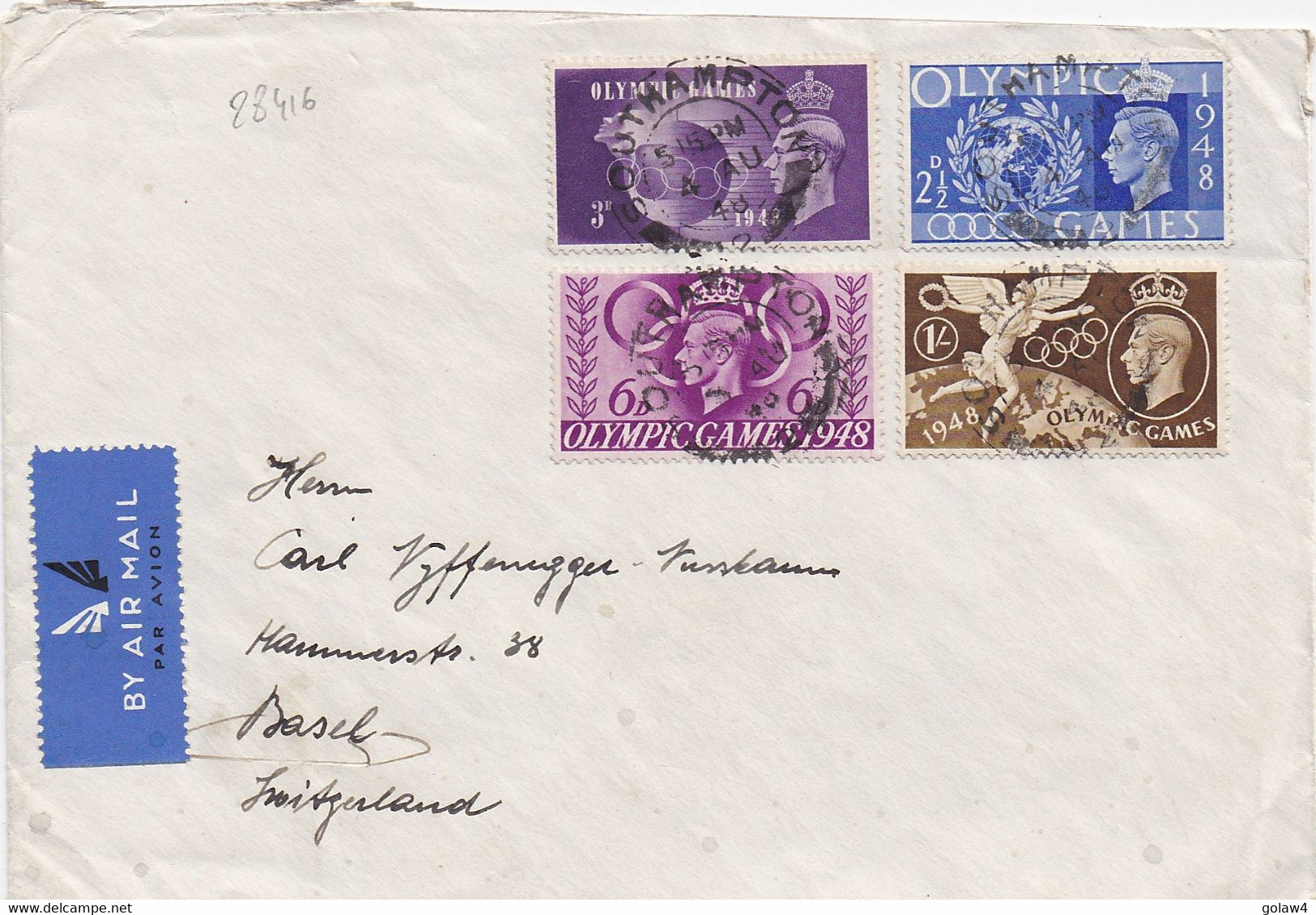 28416# SERIE COMPLETE OLYMPIC GAMES 1948 LONDON LETTRE PAR AVION Obl SOUTHAMPTON 4 AOUT BASEL SWITZERLAND BALE SUISSE - Summer 1948: London