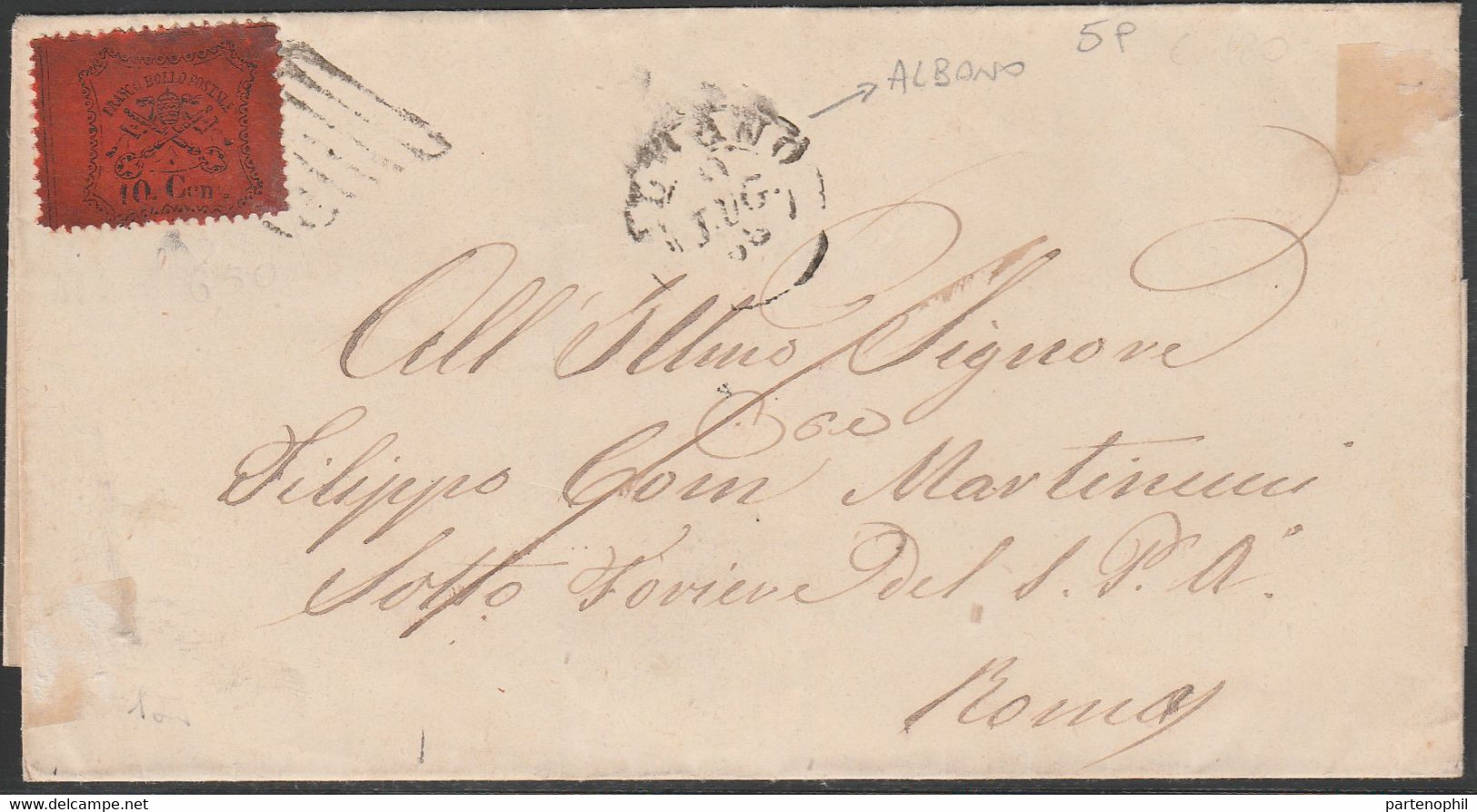 17 - Stato Pontificio  1858 Lettera Da Albano Per Roma, Affrancata Con 10 C. Arancio Vermiglio N. 26. Annullo Di Arrivo - Parma