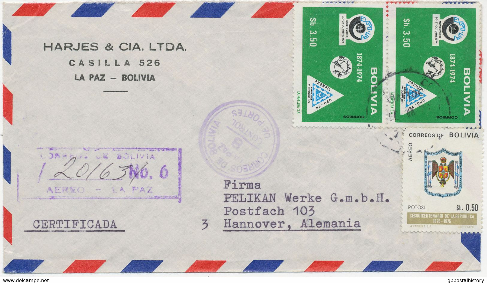 BOLIVIEN Ca. 1974/9, 3 Kab.-Lupo-Bf (2 Davon Als R-Bf) N. Hannover Alle M. Versch.   Porto-Kontroll-Stempel U.a. RA3 - Bolivie