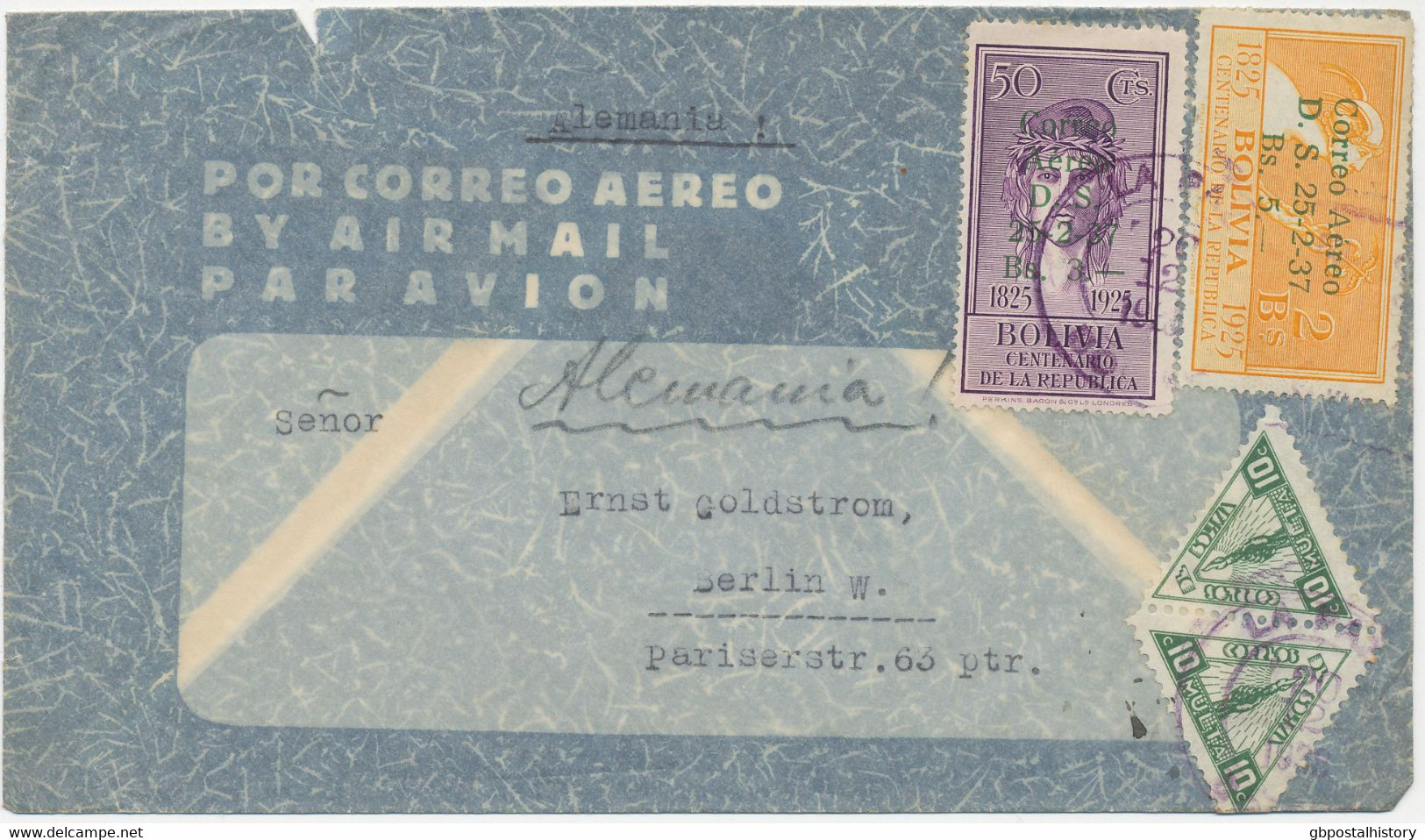 BOLIVIEN 20.12.1938, Flugpost-Ah.-Ausgabe 3 Bs. A. 50 C U. 5 Bs. A. 2 B. In Selt.   Mischfrankatur Mit Portomarken 10 C - Bolivie