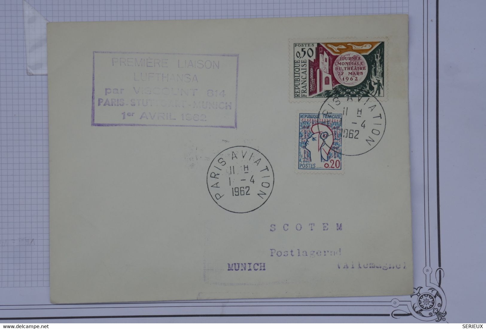 650 FRANCE  BELLE LETTRE 1962 1ER VOL    PARIS MUNICH GERMANY ++AFFRANCH. PLAISANT - 1960-.... Briefe & Dokumente