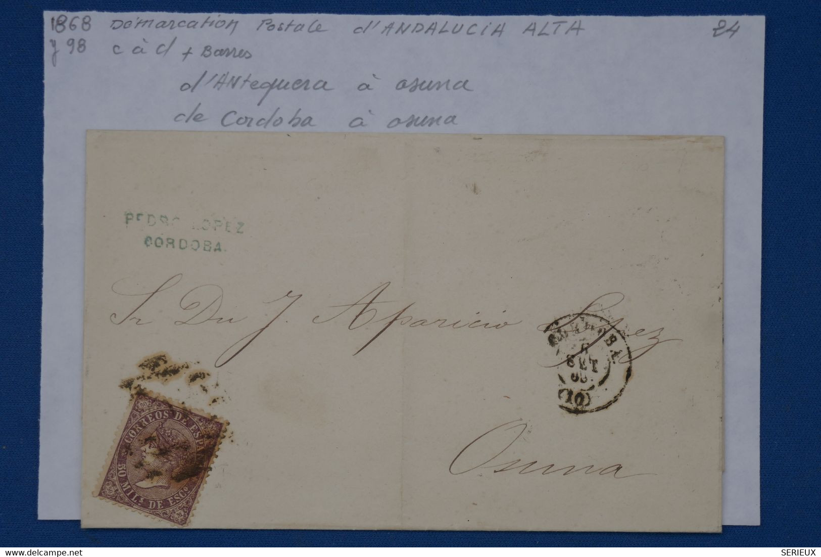 650 ESPANA  BELLE LETTRE 1868  CORDOBA POUR OSUNA  +++AFFRANCH.INTERESSANT - Lettres & Documents