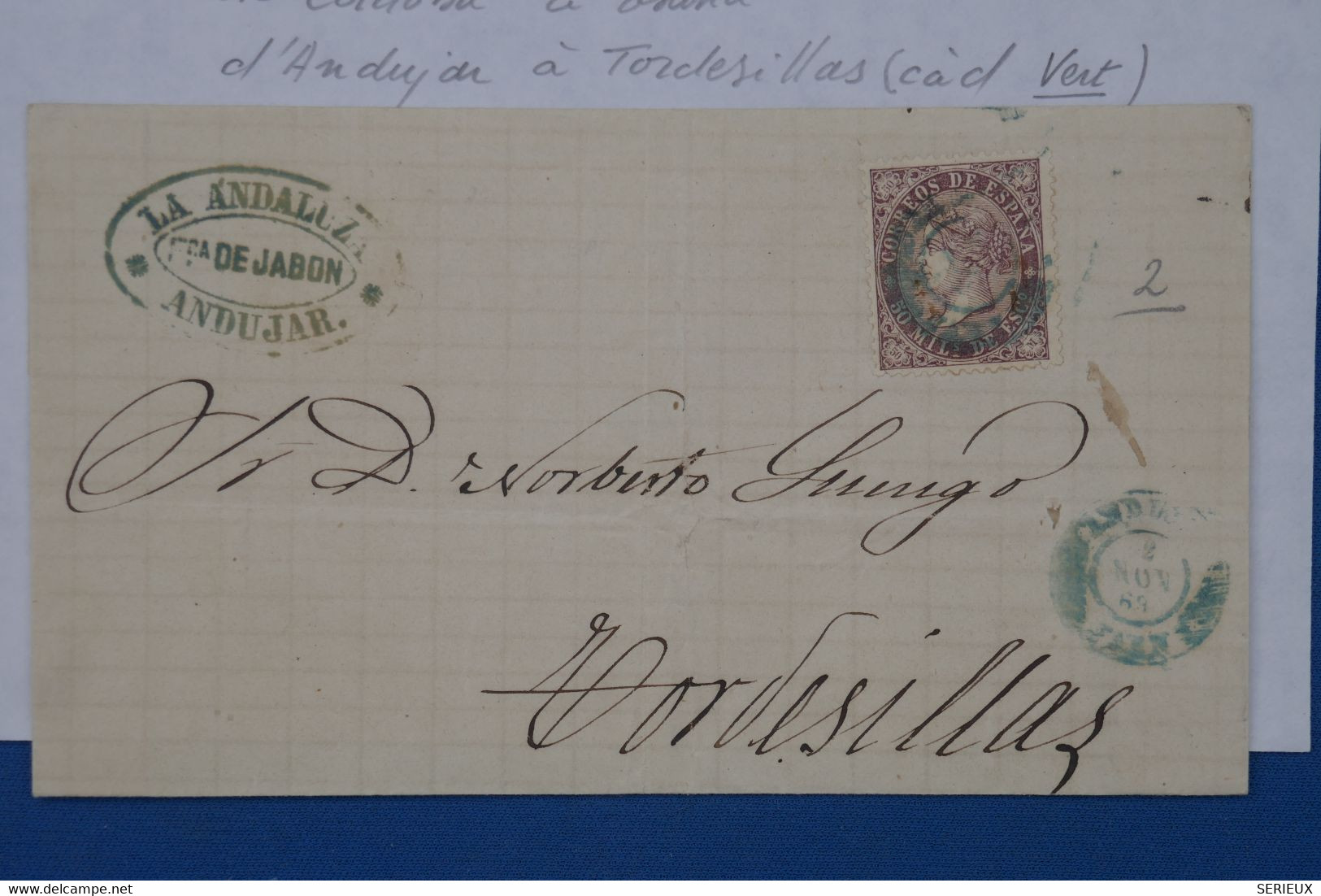 650 ESPANA  BELLE LETTRE 1868  ANDUJAR  POUR TORSEDILLAS  +CACHET VERT RARE ++AFFRANCH. INTERESSANT - Lettres & Documents