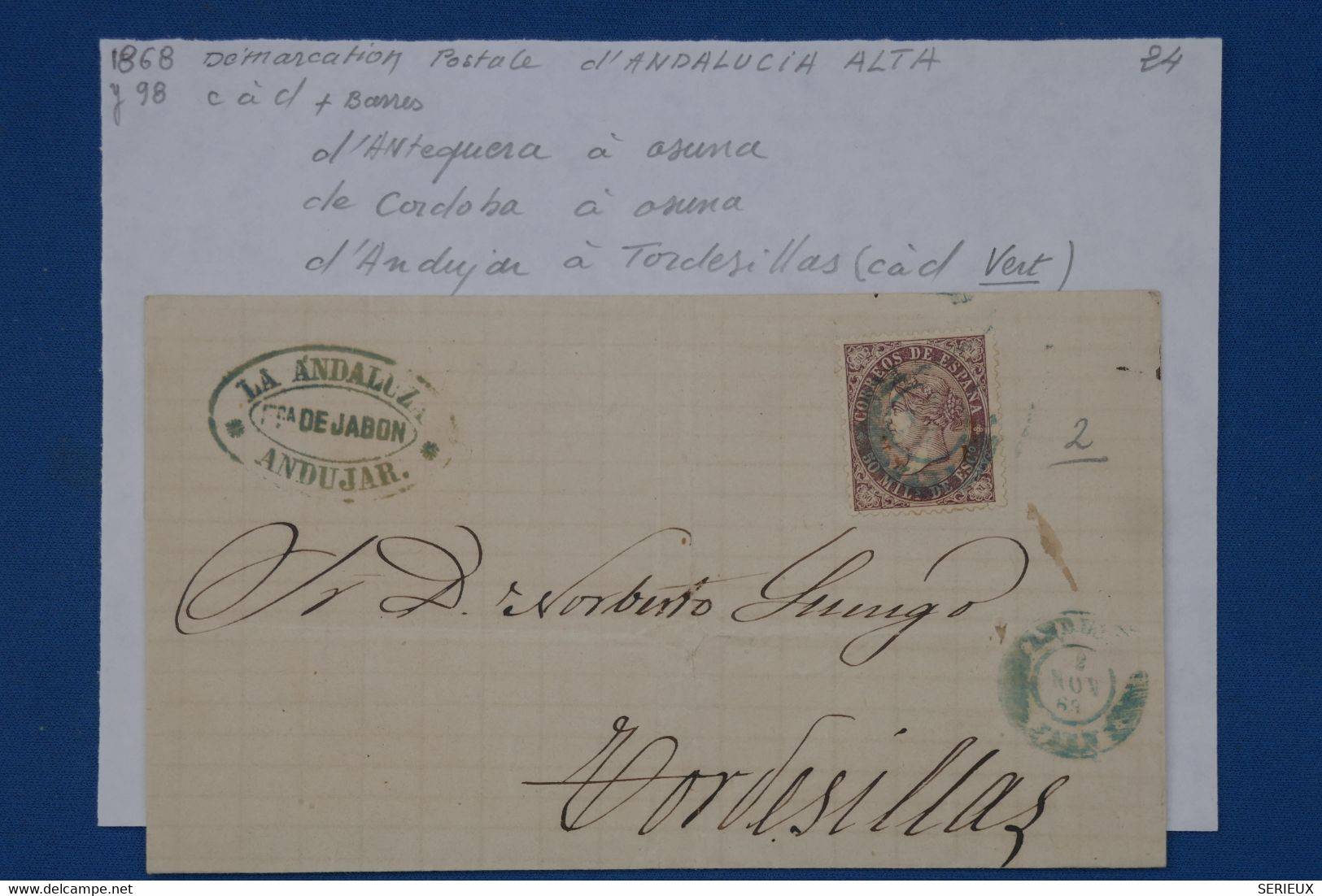 650 ESPANA  BELLE LETTRE 1868  ANDUJAR  POUR TORSEDILLAS  +CACHET VERT RARE ++AFFRANCH. INTERESSANT - Lettres & Documents