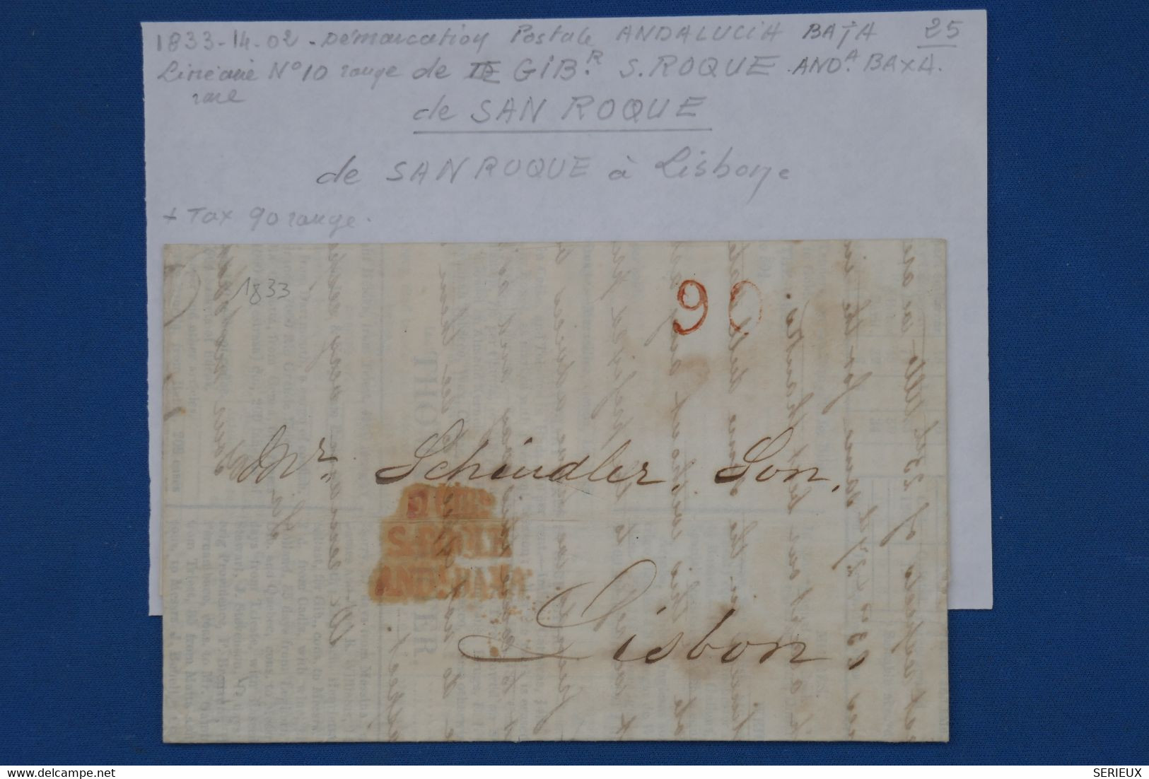 650 ESPANA  BELLE LETTRE RARE1833 GIBRALTAR SAN ROQUE   POUR LISBONE +CACHETS ROUGES ++AFFRANCH. INTERESSANT - ...-1850 Prefilatelia