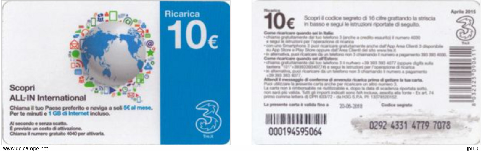 Recharge GSM - Italie - Tre - Scopri ALL-IN International, Exp. 20-06-2018 - Other & Unclassified