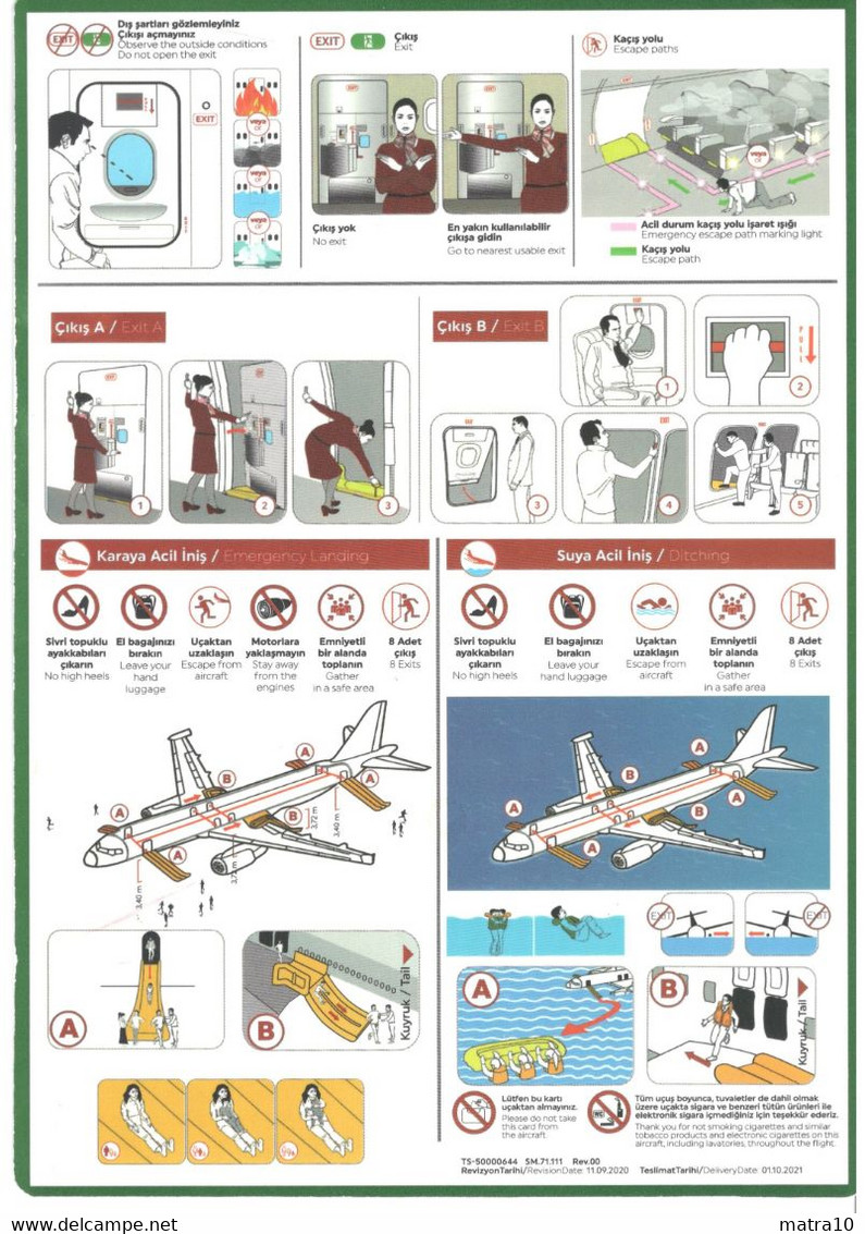 TURKISH AIRLINES AIRBUS A-321 NEO 2020 Consignes De Sécurité Safety Instructions Scheda Sicurezza Medidas De Seguridad - Safety Cards