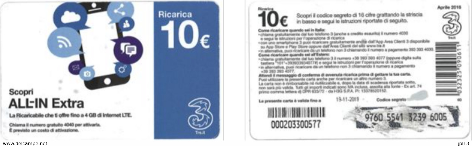 Recharge GSM - Italie - Tre - Scopri ALL-IN Extra, Exp.19-11-2019 - Otros & Sin Clasificación