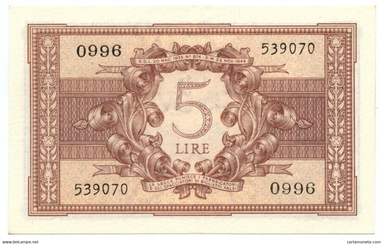 5 LIRE BIGLIETTO STATO ATENA LUOGOTENENZA UMBERTO CAVALLARO 23/11/1944 QFDS - Andere