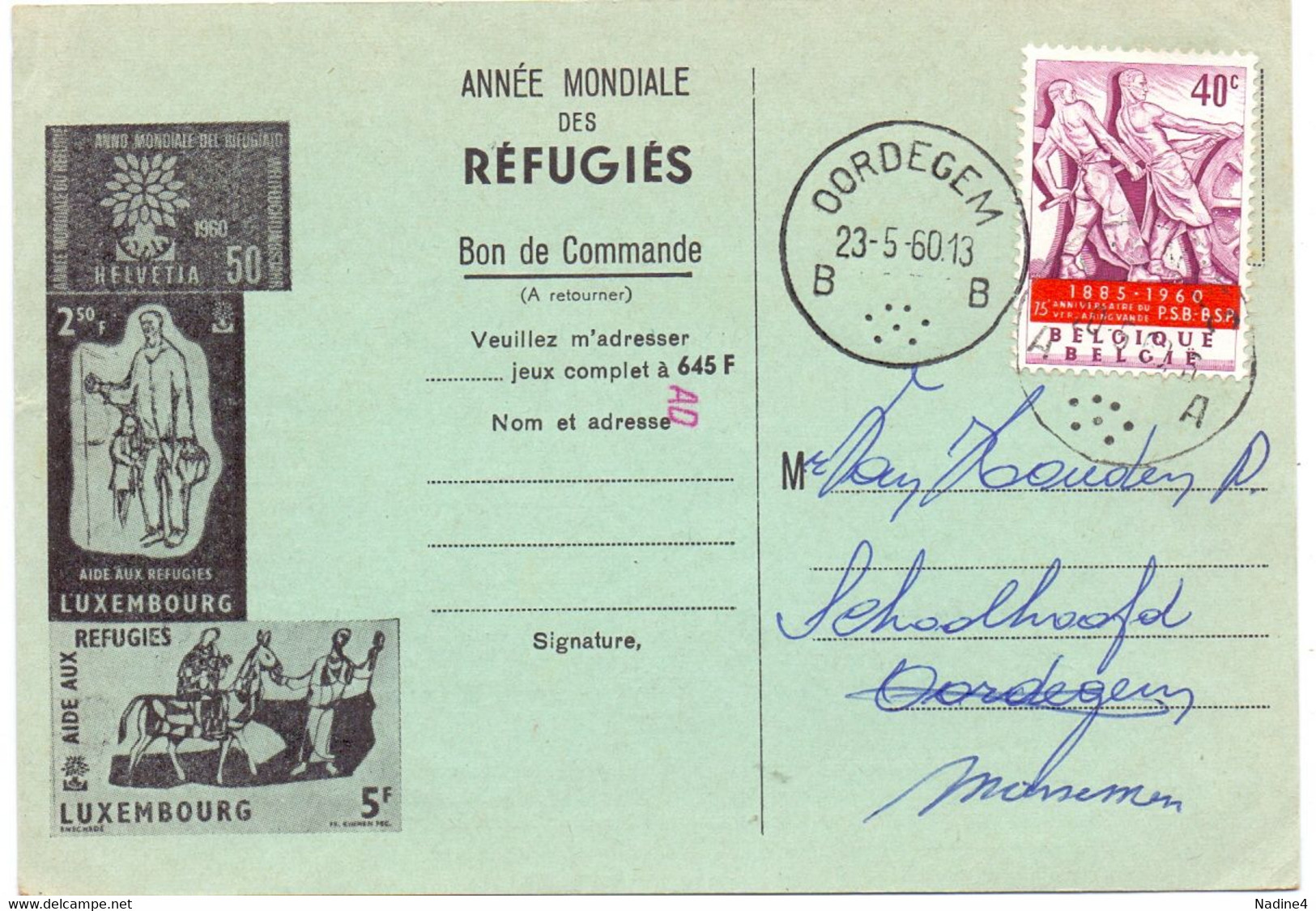 Briefkaart Carte Postale - Timbres Des Réfugiés 1960 - Stempel Cachet Oordegem 1960 - Cartes Postales 1951-..