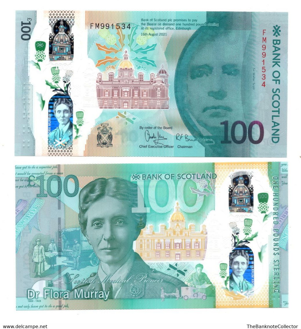 Scotland 100 Pounds Polymer 2022 Issue UNC Prefix FM Dr Flora Murray - 100 Pounds