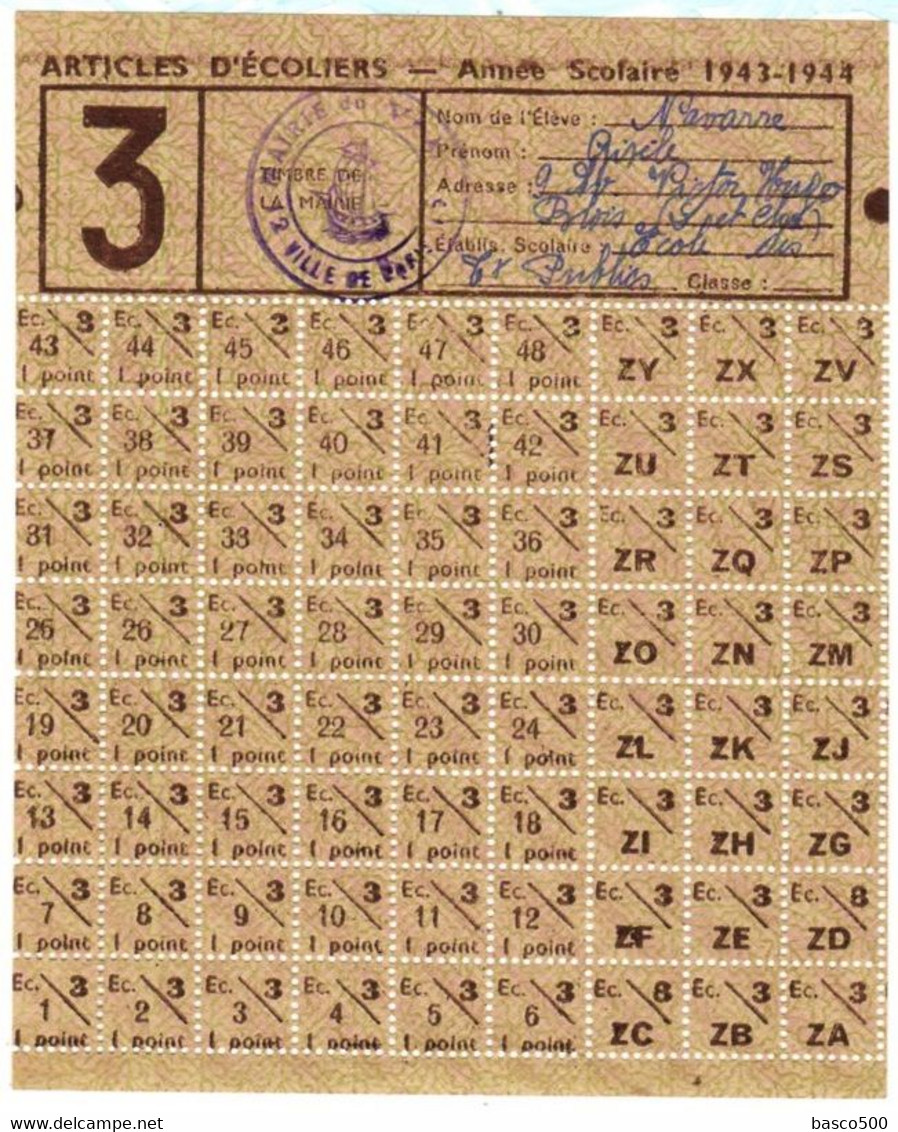 1943 PARIS Ecole ESTPI Carte TICKETS RATIONNEMENT "ARTICLES D'ECOLIERS" - Bons & Nécessité